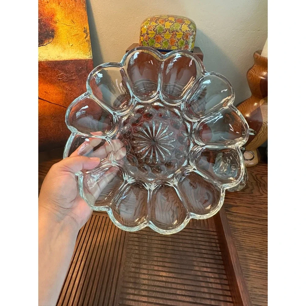 Anchor Hocking Clear Glass Deviled Egg Plate 10 Inch Vintage Scalloped Sunburst